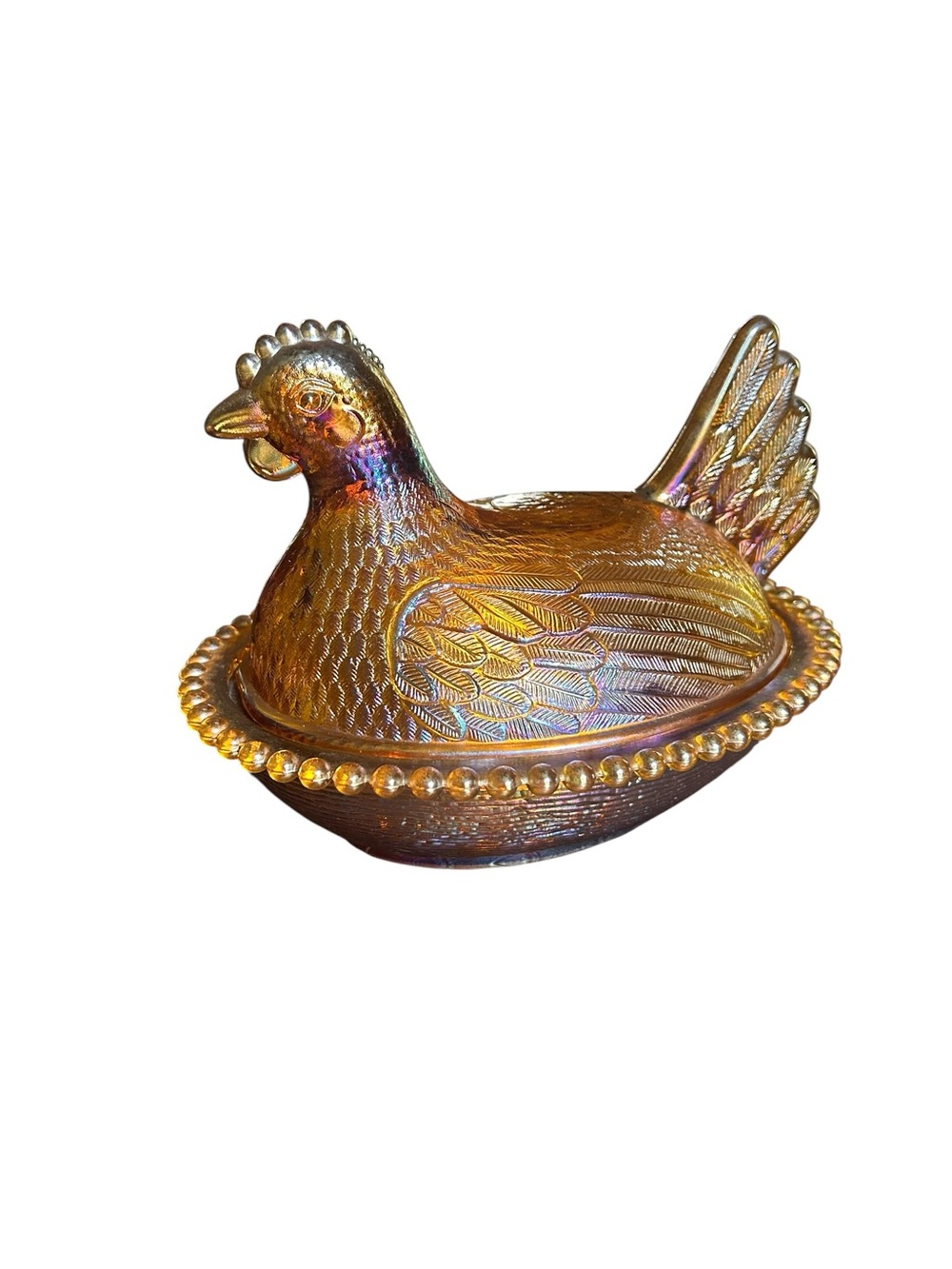 RARE Vintage Indiana Glass Golden Carnival Amber Iridescent 7” Hen on Nest